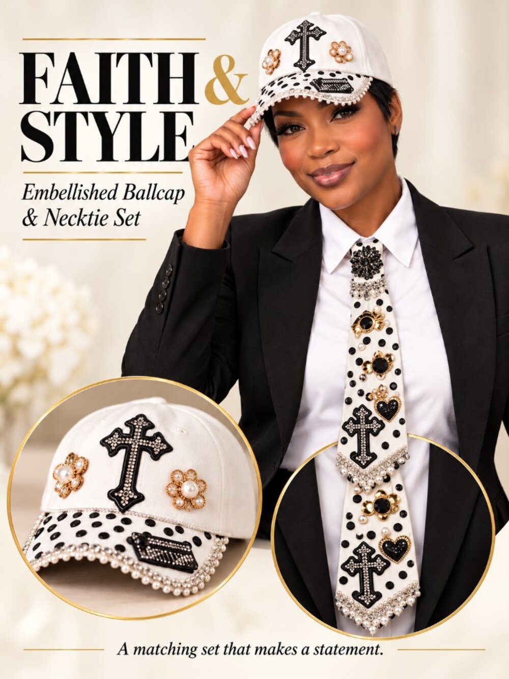 Faith & Inspiration Embellished Ball Cap and Necktie Set